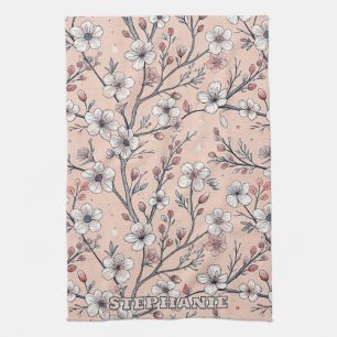 Pink Cherry Blossom Sakura Pattern on Pink (1) Kitchen Towel
