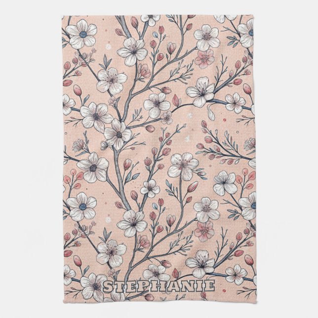 Pink Cherry Blossom Sakura Pattern on Pink (1) Kitchen Towel (Vertical)