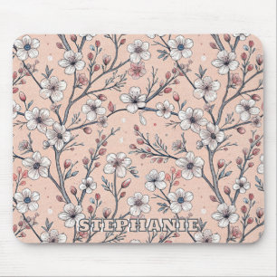 Pink Cherry Blossom Sakura Pattern on Pink (1) Mouse Pad