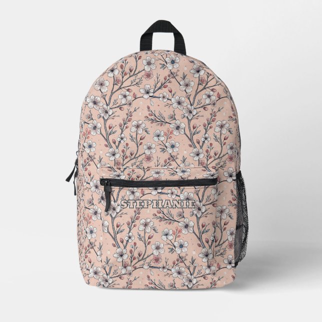 Pink Cherry Blossom Sakura Pattern on Pink (1) Printed Backpack (Front)
