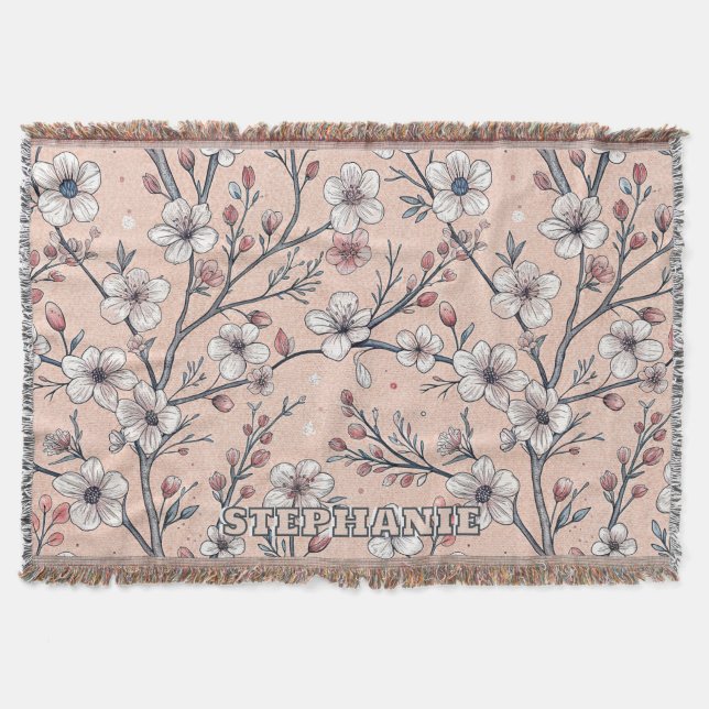Pink Cherry Blossom Sakura Pattern on Pink (1) Throw Blanket (Front)