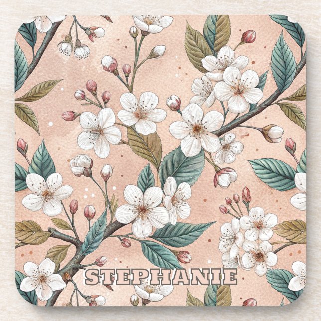 Pink Cherry Blossom Sakura Pattern on Pink (4) Coaster (Front)