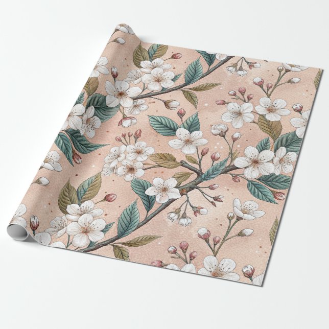 Pink Cherry Blossom Sakura Pattern on Pink (4) Wrapping Paper (Unrolled)