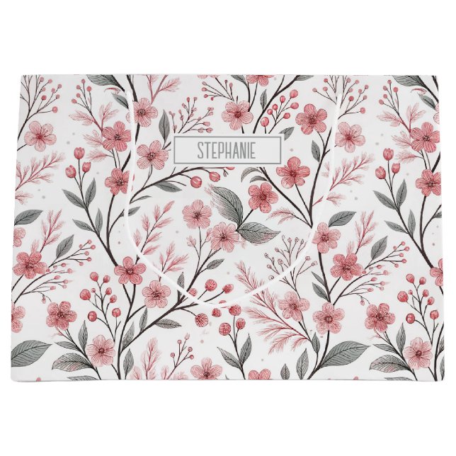 Pink Cherry Blossom Sakura Pattern on White (1) Large Gift Bag (Front)