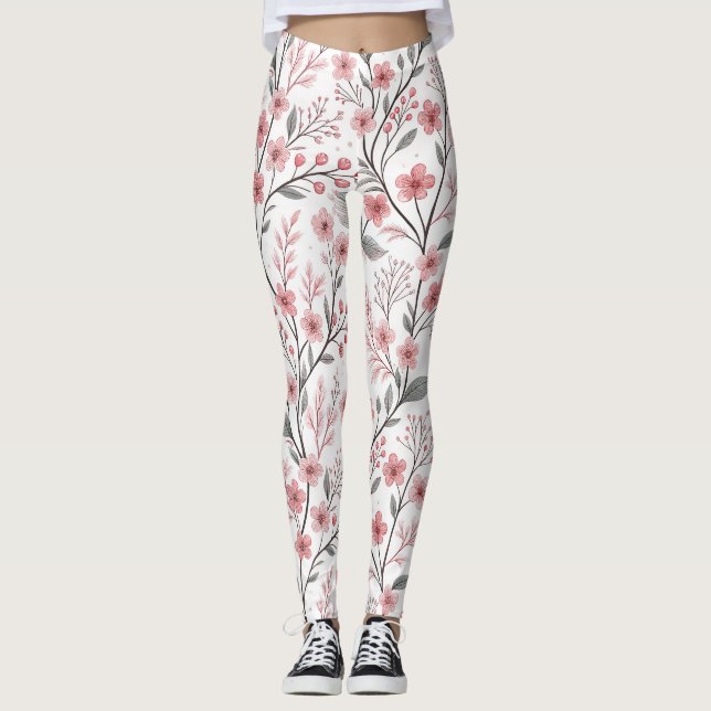 Pink Cherry Blossom Sakura Pattern on White (1) Leggings (Front)