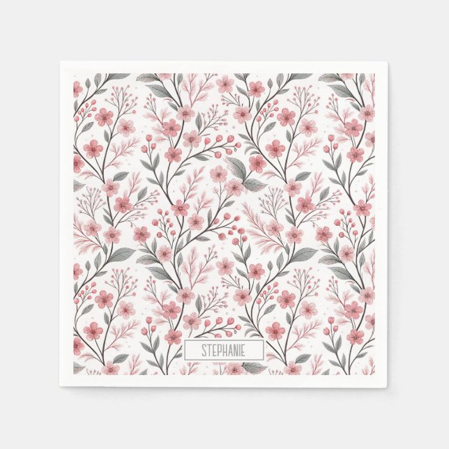 Pink Cherry Blossom Sakura Pattern on White (1) Napkin (Front)