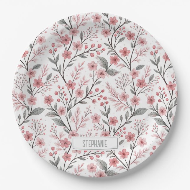 Pink Cherry Blossom Sakura Pattern on White (1) Paper Plate (Front)