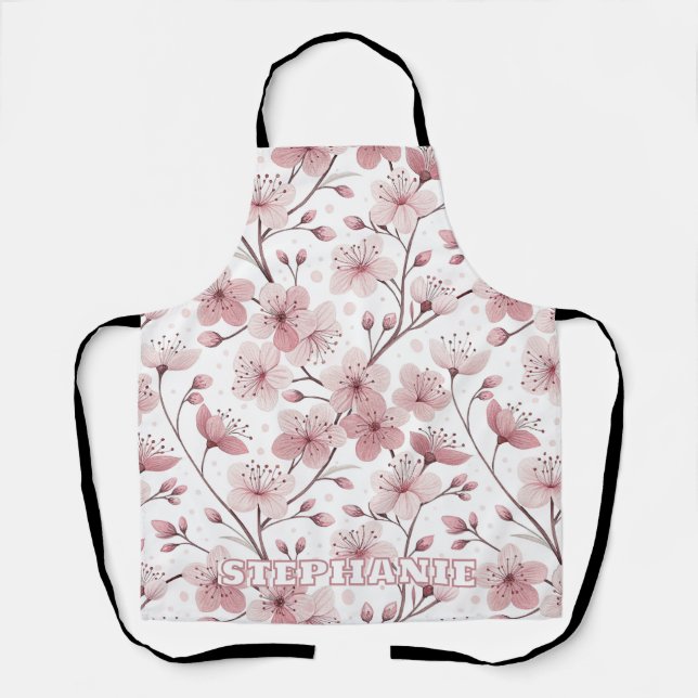 Pink Cherry Blossom Sakura Pattern on White (2) Apron (Front)
