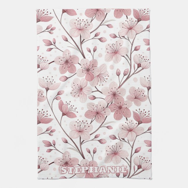 Pink Cherry Blossom Sakura Pattern on White (2) Kitchen Towel (Vertical)