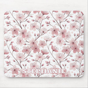 Pink Cherry Blossom Sakura Pattern on White (2) Mouse Pad