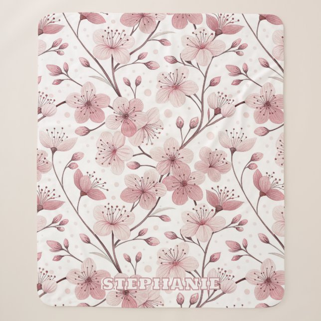 Pink Cherry Blossom Sakura Pattern on White (2) Sherpa Blanket (Front)