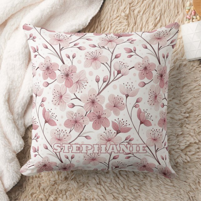 Pink Cherry Blossom Sakura Pattern on White (2) Throw Pillow (Blanket)