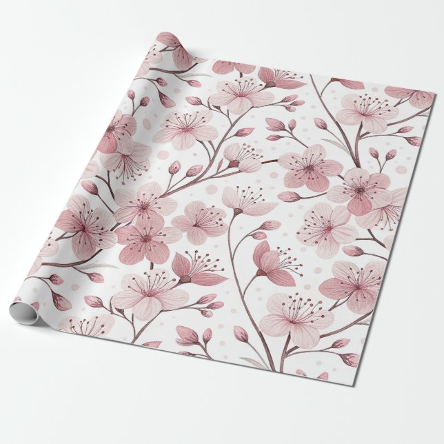 Pink Cherry Blossom Sakura Pattern on White (2) Wrapping Paper (Unrolled)
