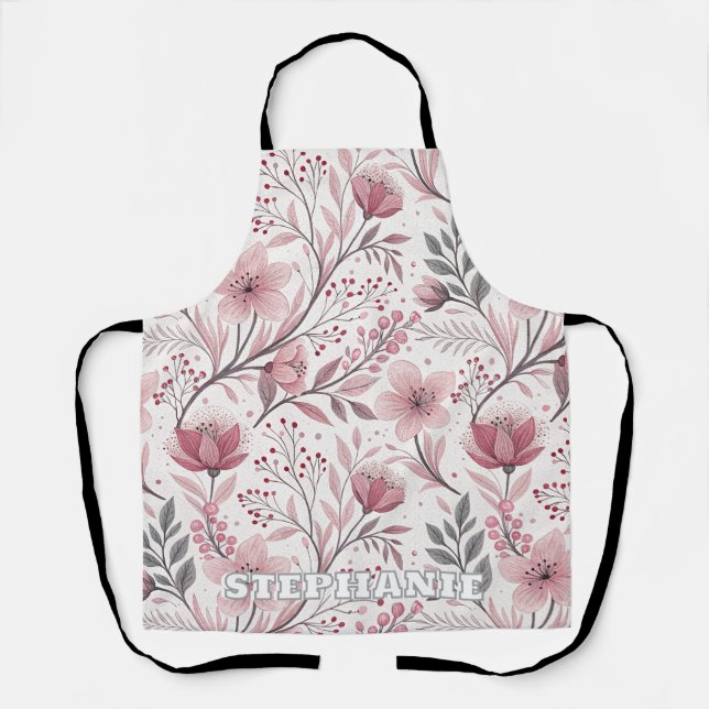 Pink Cherry Blossom Sakura Pattern on White (3) Apron (Front)