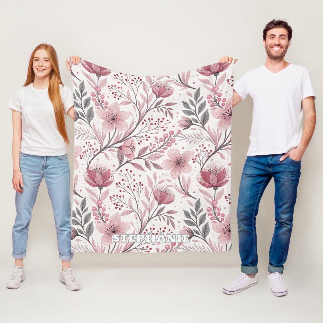 Pink Cherry Blossom Sakura Pattern on White (3) Fleece Blanket (In Situ)