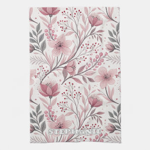 Pink Cherry Blossom Sakura Pattern on White (3) Kitchen Towel