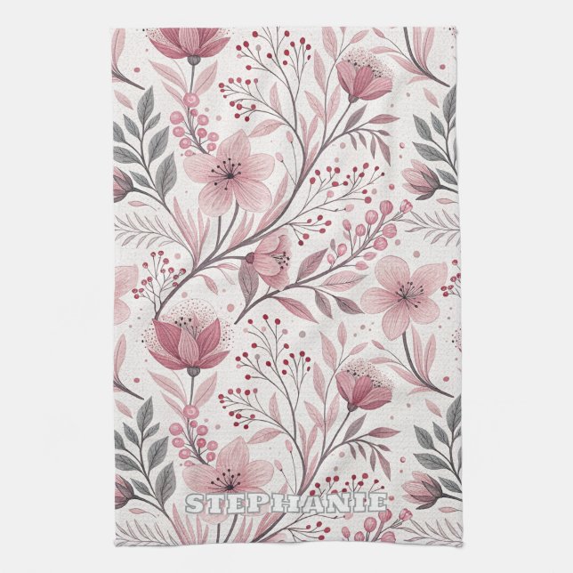 Pink Cherry Blossom Sakura Pattern on White (3) Kitchen Towel (Vertical)