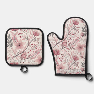 Pink Cherry Blossom Sakura Pattern on White (3) Oven Mitt & Pot Holder Set