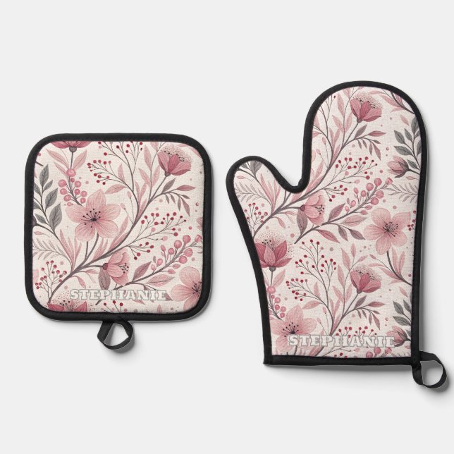 Pink Cherry Blossom Sakura Pattern on White (3) Oven Mitt & Pot Holder Set (Front)