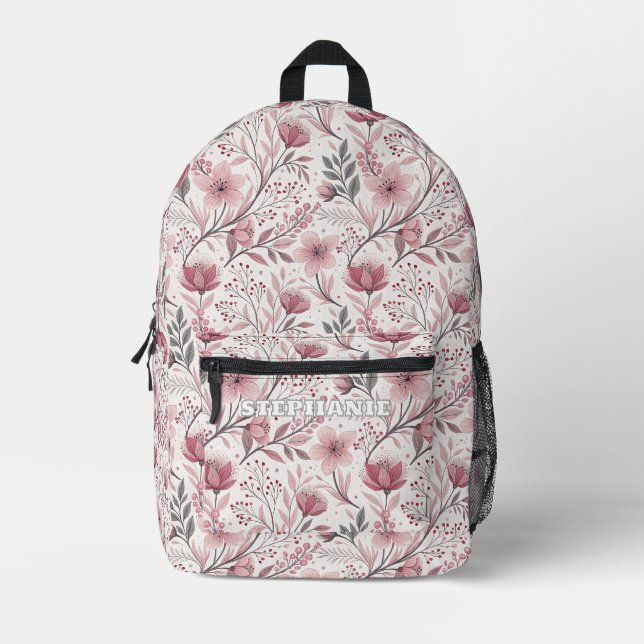 Pink Cherry Blossom Sakura Pattern on White (3) Printed Backpack (Front)