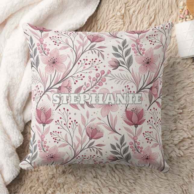 Pink Cherry Blossom Sakura Pattern on White (3) Throw Pillow (Blanket)