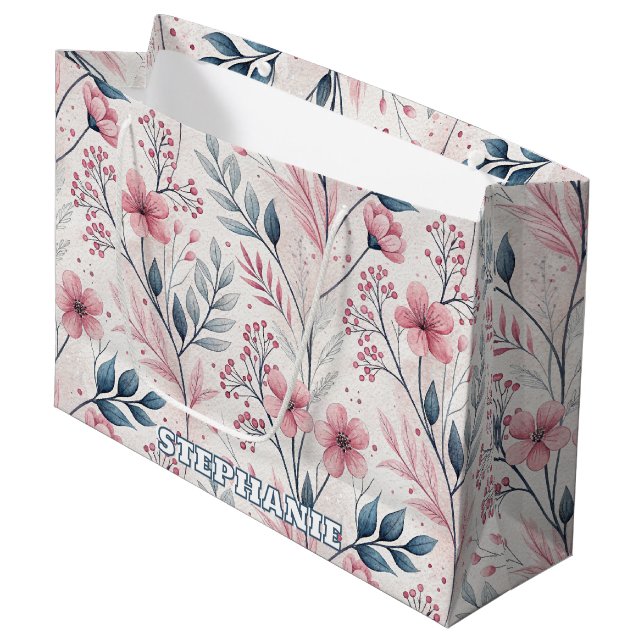 Pink Cherry Blossom Sakura Pattern on White (4) Large Gift Bag (Front Angled)
