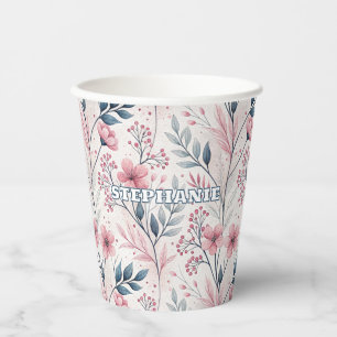 Pink Cherry Blossom Sakura Pattern on White (4) Paper Cups