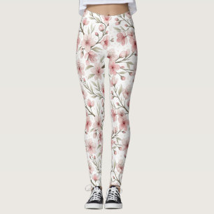 Pink Cherry Blossom Sakura Pattern on White (5) Leggings