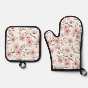 Pink Cherry Blossom Sakura Pattern on White (5) Oven Mitt & Pot Holder Set