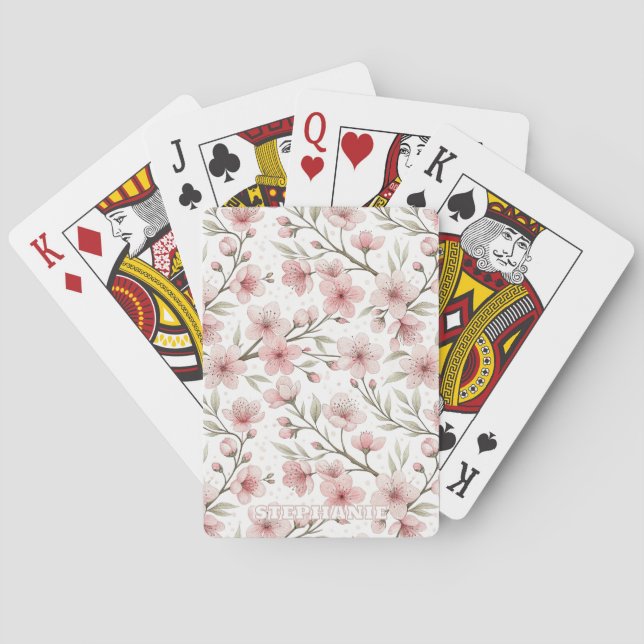 Pink Cherry Blossom Sakura Pattern on White (5) Playing Cards (Back)
