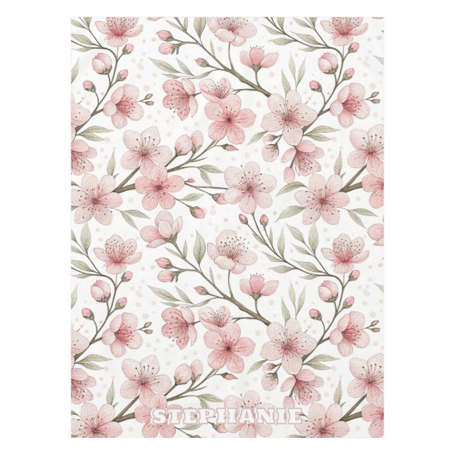 Pink Cherry Blossom Sakura Pattern on White (5) Tablecloth (Front)
