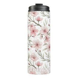 Pink Cherry Blossom Sakura Pattern on White (5) Thermal Tumbler