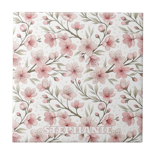 Pink Cherry Blossom Sakura Pattern on White (5) Tile (Front)