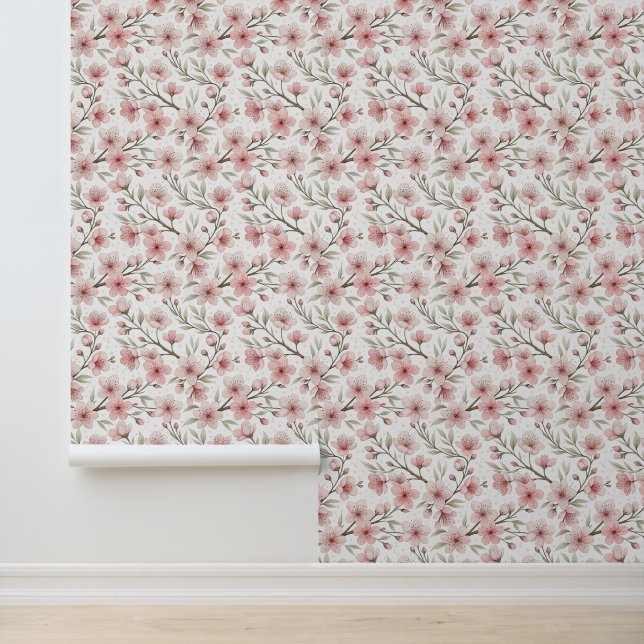 Pink Cherry Blossom Sakura Pattern on White (5) Wallpaper (Application)