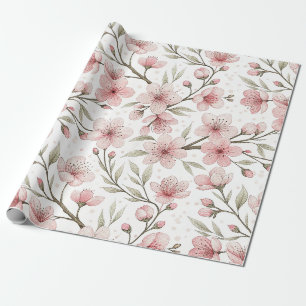 Pink Cherry Blossom Sakura Pattern on White (5) Wrapping Paper