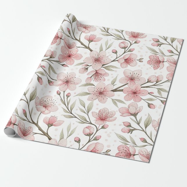 Pink Cherry Blossom Sakura Pattern on White (5) Wrapping Paper (Unrolled)
