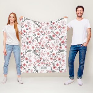 Pink Cherry Blossom Sakura Pattern on White Fleece Blanket