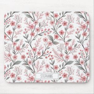 Pink Cherry Blossom Sakura Pattern on White Mouse Pad
