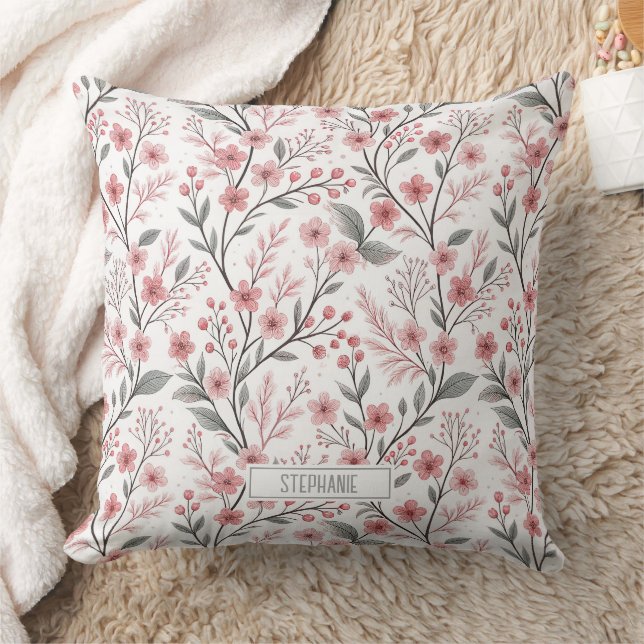 Pink Cherry Blossom Sakura Pattern on White Throw Pillow (Blanket)