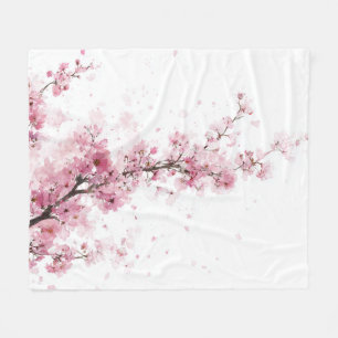 Pink Cherry Blossom Sakura Watercolor Floral Boho Fleece Blanket