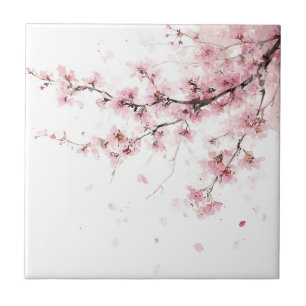 Pink Cherry Blossom Sakura Watercolor Floral Tile