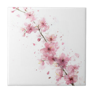 Pink Cherry Blossom Sakura Watercolor Floral Tile
