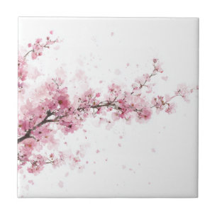 Pink Cherry Blossom Sakura Watercolor Floral Tile