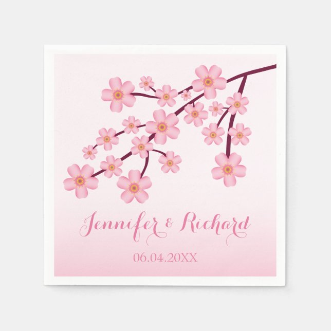 Pink Cherry Blossom Sakura With Names Wedding Napkin (Front)
