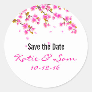 Pink Cherry Blossom Save the Date Round Stickers
