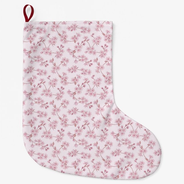 Pink Cherry Blossom Seamless Floral Pattern Large Christmas Stocking (Front)