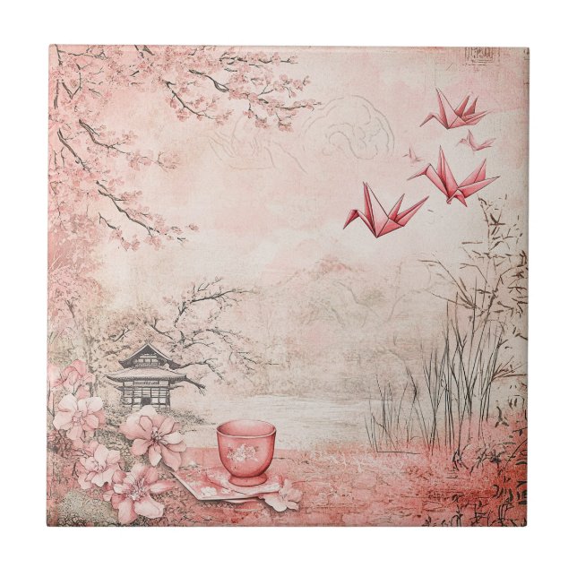 Pink Cherry Blossom Serenity Landscape  (1) Tile (Front)