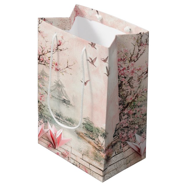 Pink Cherry Blossom Serenity Landscape  (2) Medium Gift Bag (Front Angled)