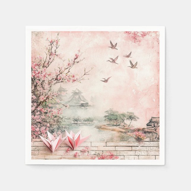 Pink Cherry Blossom Serenity Landscape  (2) Napkin (Front)