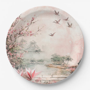 Pink Cherry Blossom Serenity Landscape (2) Paper Plate